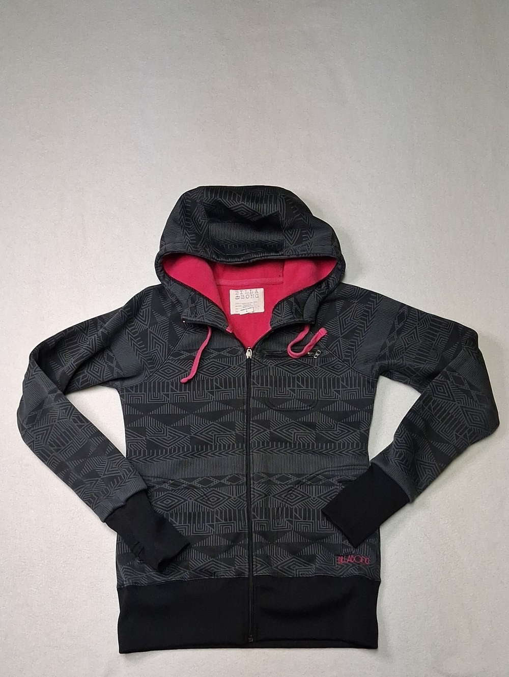 Billabong Black Geometric Zip Hoodie with Pink Lining